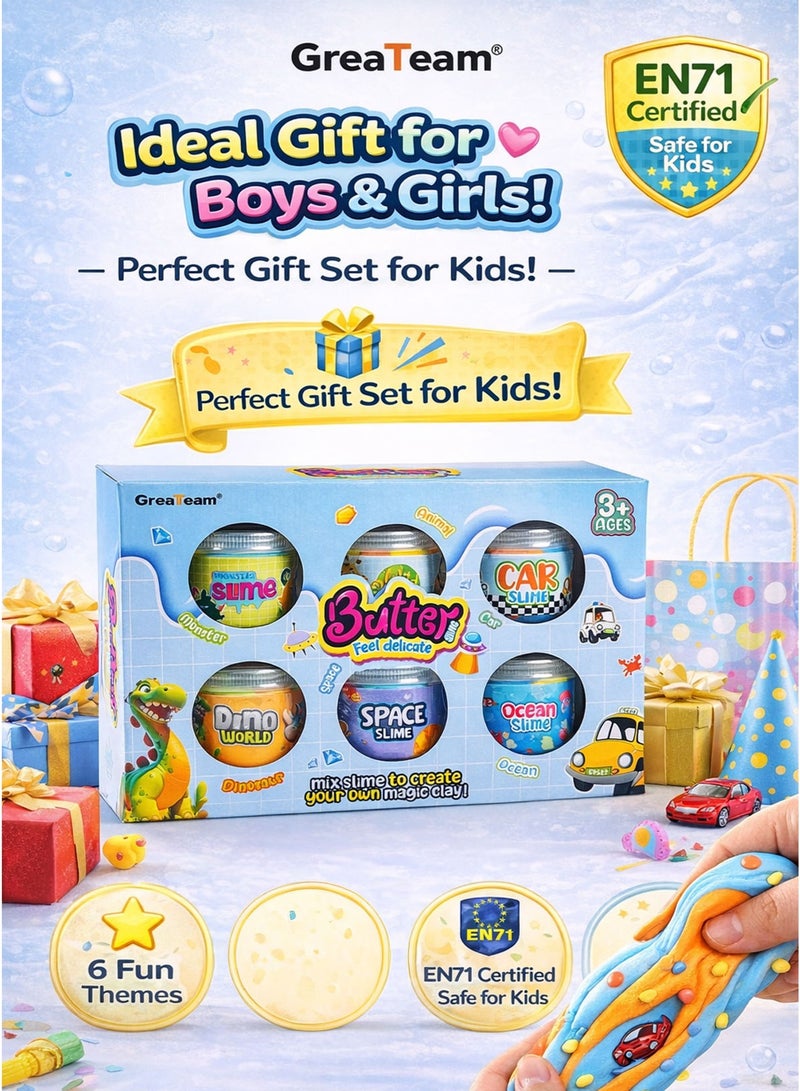 GreaTeam Butter Slime 6PCS Slime Set for Kids with 6 Surprise Toy Figures Inside – Monster Slime, Car Slime, Space Slime, Wild Animal Slime, Ocean Slime, Dino World Slime – Soft Stretchy Non-Sticky Mix & Create Sensory Play Fidget Toy – Boys Accessories Slime Kit – EN71 Certified Safe Non-Toxic – Educational Learning Toy Gift for Boys & Girls Ages 3 Years+ - Image 4